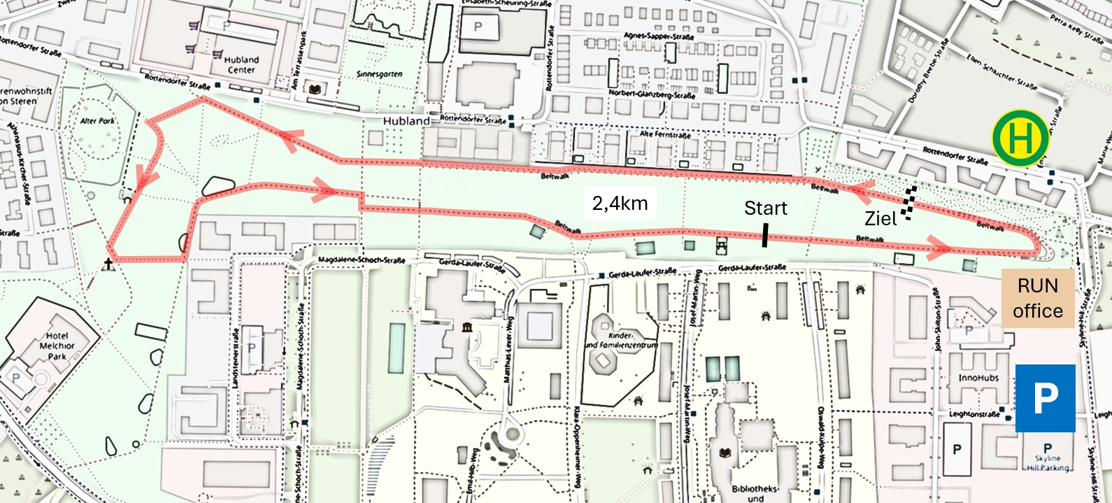 Streckenplan Hubland RUN mit Start- und Zielbereich, 5 km und 10 km Route im Wiesenpark