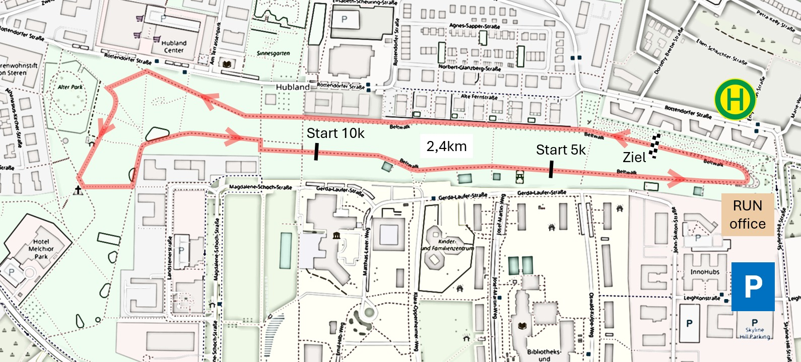 Streckenplan Hubland RUN mit Start- und Zielbereich, 5 km und 10 km Route im Wiesenpark
